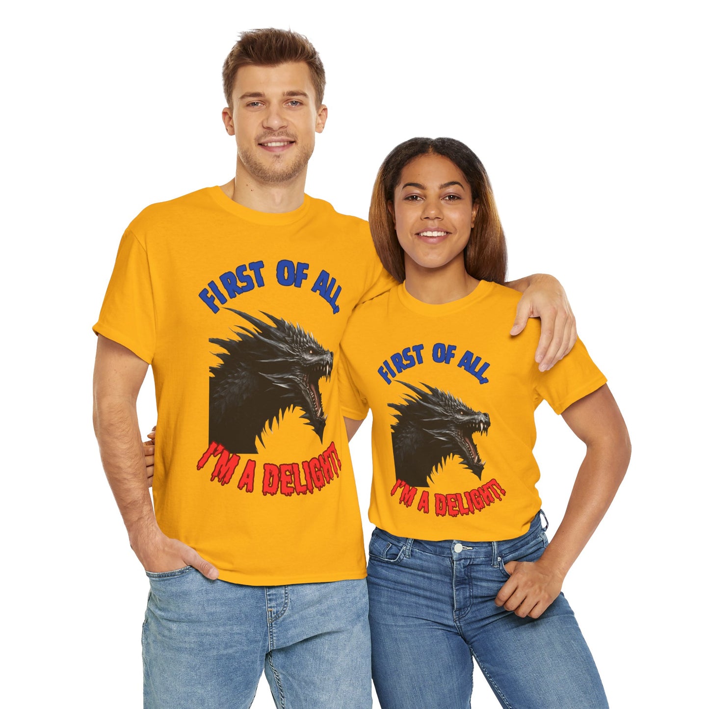 Black Dragon "First of All, I'm a Delight!" Dungeons and Dragons DND Unisex Heavy Cotton Tee Shirt T-Shirt - RPG, TTRPG, Roleplaying, Geek, Nerd