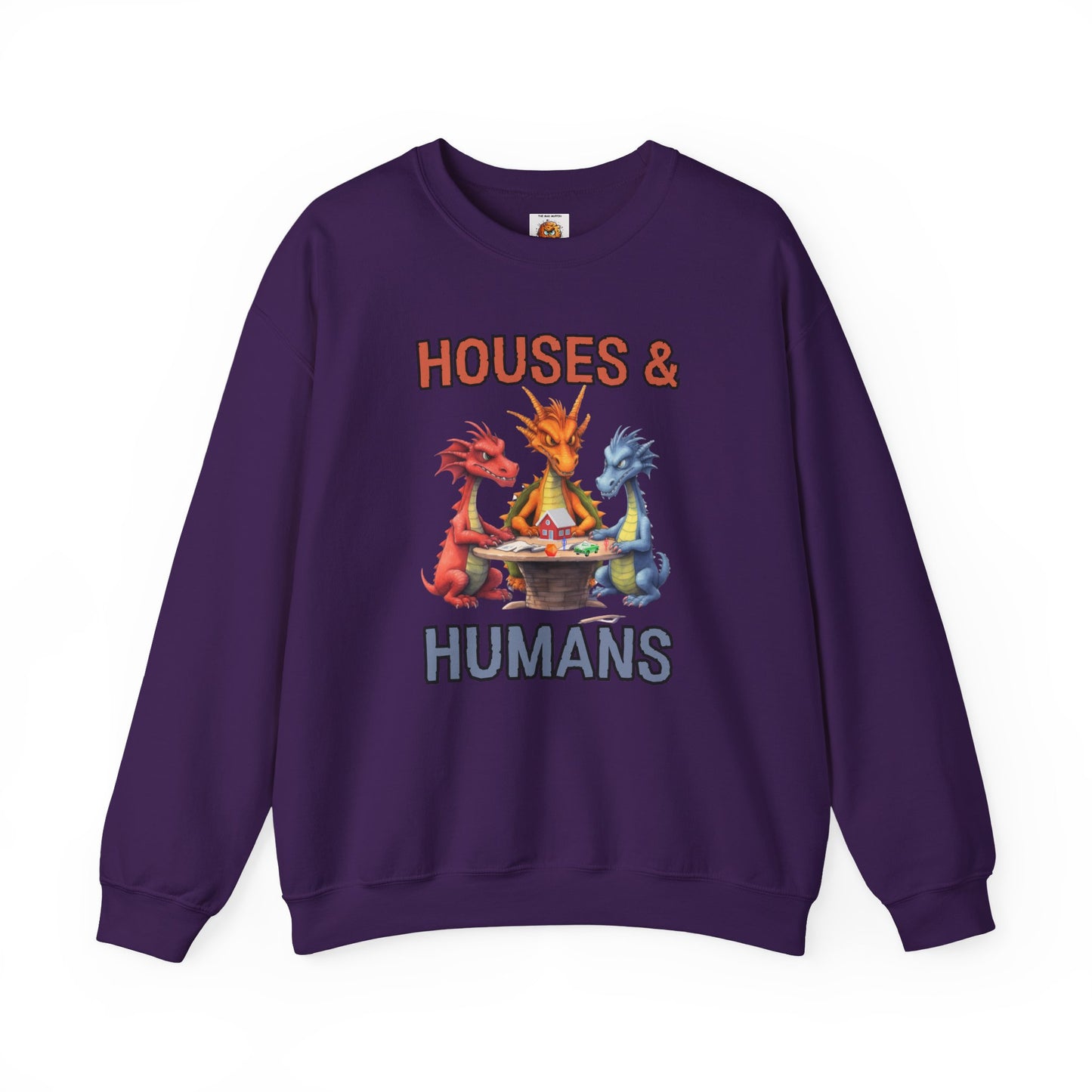 'Houses & Humans' Heavy Blend Crewneck Sweatshirt, Cozy unisex sweatshirt, Fantasy apparel, Gift for nerds, Dragon lover merch, D&D, DND, RPG, TTRPG, Geek, Nerd, D20