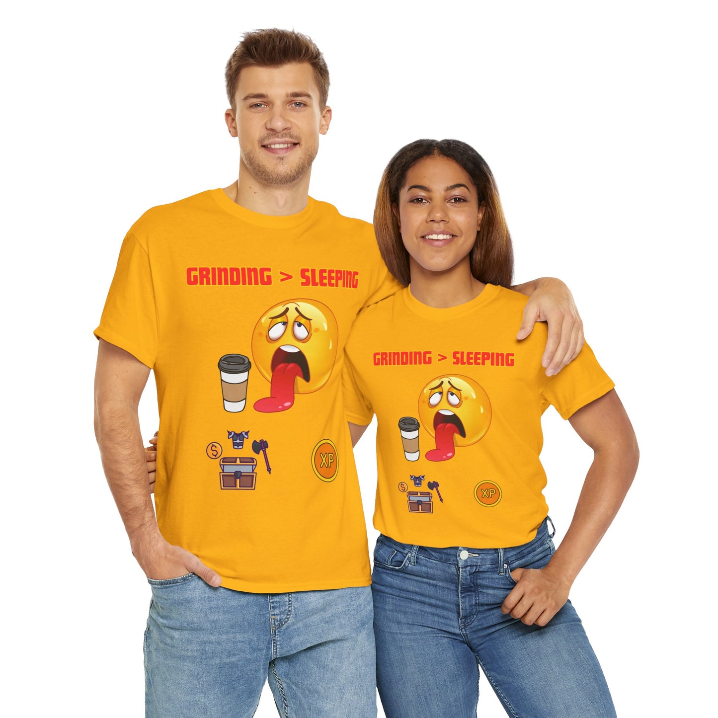 Grinding > Sleeping Unisex Heavy Cotton Tee - Funny Graphic T-Shirt for Gamers and Coffee Lovers, Gaming, Video Game, Geek, Nerd, RPG