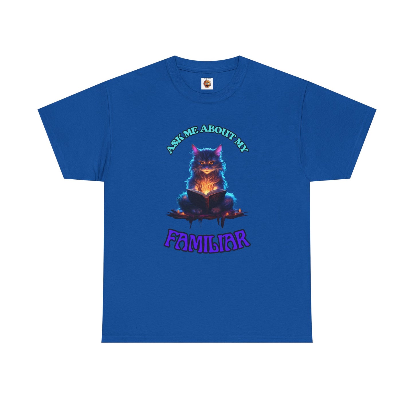 'Ask Me About My Familiar' Mystical Cat Enamel Tee, Cute Animal T-Shirt, Gift for Cat Lovers, Fun Graphic Tee, Witch, DND, RPG, TTRPG, Geek, Nerd
