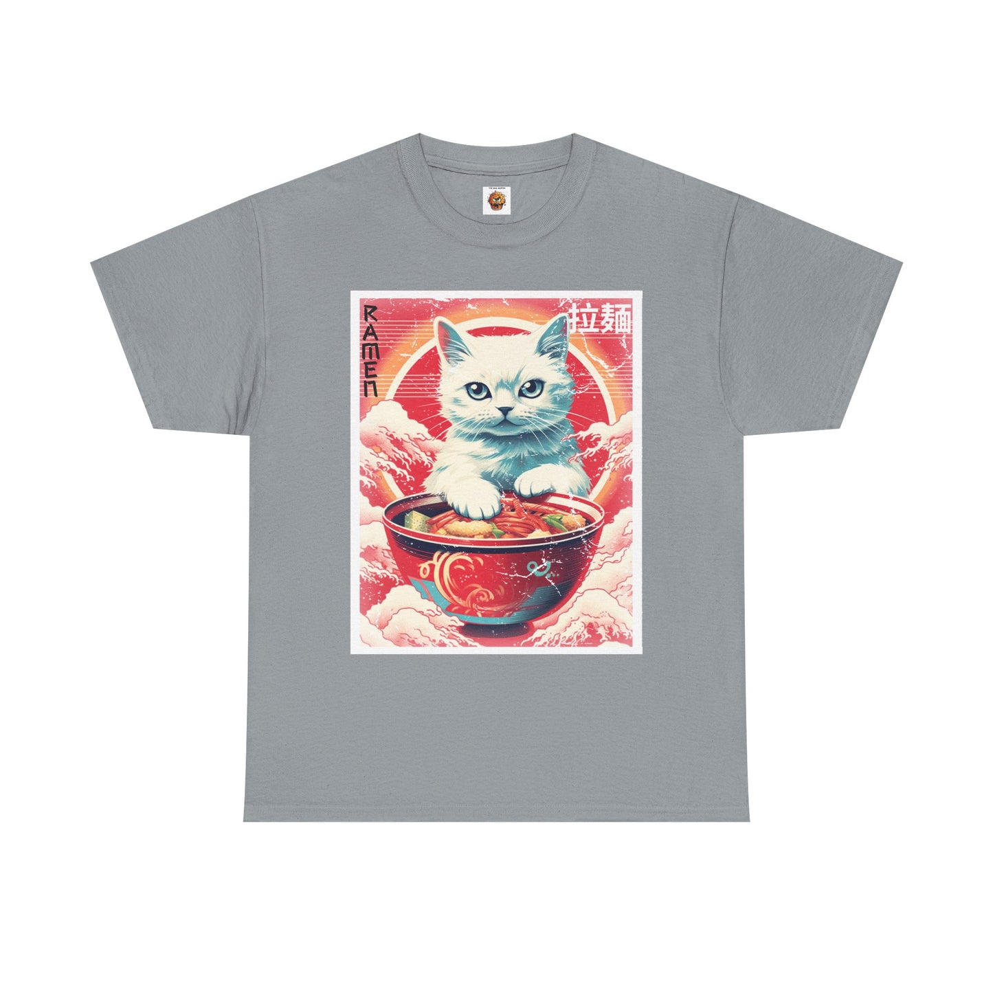 Cute Kawaii Anime Cat Eating Ramen Unisex Heavy Cotton Tee Shirt T-Shirt - Perfect for Animal Lovers and Foodies, Vintage Ad Style, Geek, Nerd