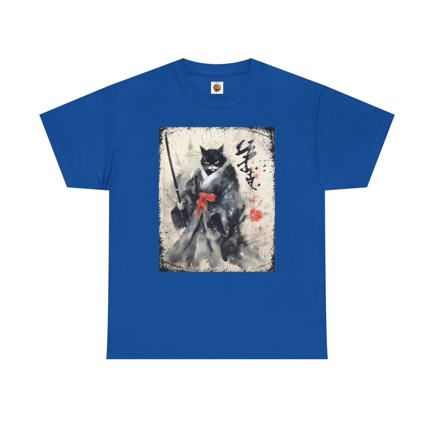 Samurai Cat Vintage Ukiyo-e Warrior Art Unisex Heavy Cotton Tee - Artistic Vintage Design, Japanese Ink Painting, Anime, Weeb, Otaku, Geek, Nerd