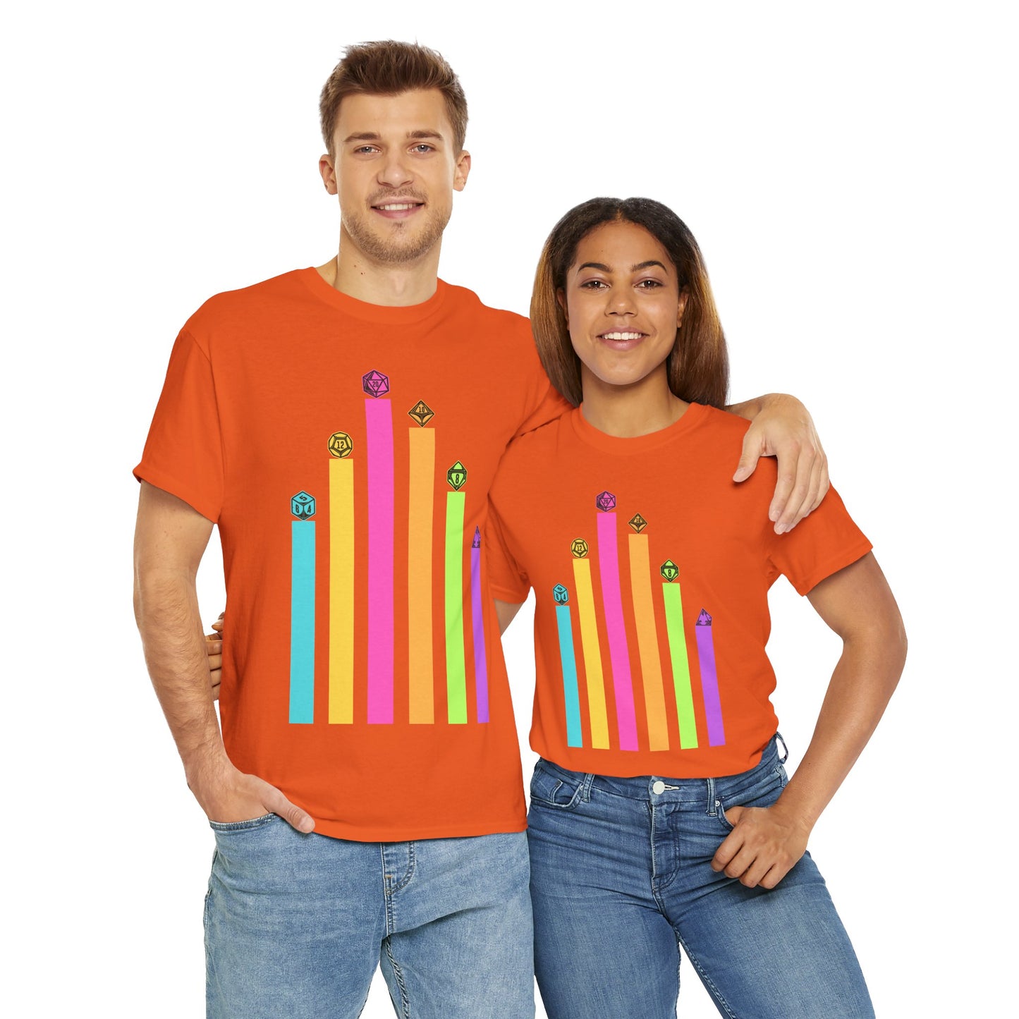 Vintage Minimalist Geeky Polyhedral Falling Retro Rainbow Dungeons and Dragons DND Unisex Heavy Cotton Tee Shirt - RPG, TTRPG, Roleplaying, Geek, Nerd
