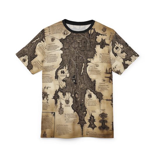 Dungeon Map Blueprint Tee Shirt: Ancient Parchment, Unisex AOP, Corridors, Traps, Monsters, Secret Doors, DND, RPG, TTRPG