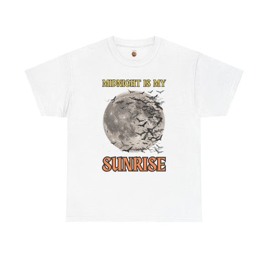 'Midnight is My Sunrise' Unisex Heavy Cotton Tee Shirt - Graphic Tee for Night Owls, Scary, Creepy, Halloween, Gothic, Full Moon, Bats