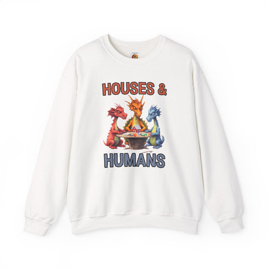 'Houses & Humans' Heavy Blend Crewneck Sweatshirt, Cozy unisex sweatshirt, Fantasy apparel, Gift for nerds, Dragon lover merch, D&D, DND, RPG, TTRPG, Geek, Nerd, D20