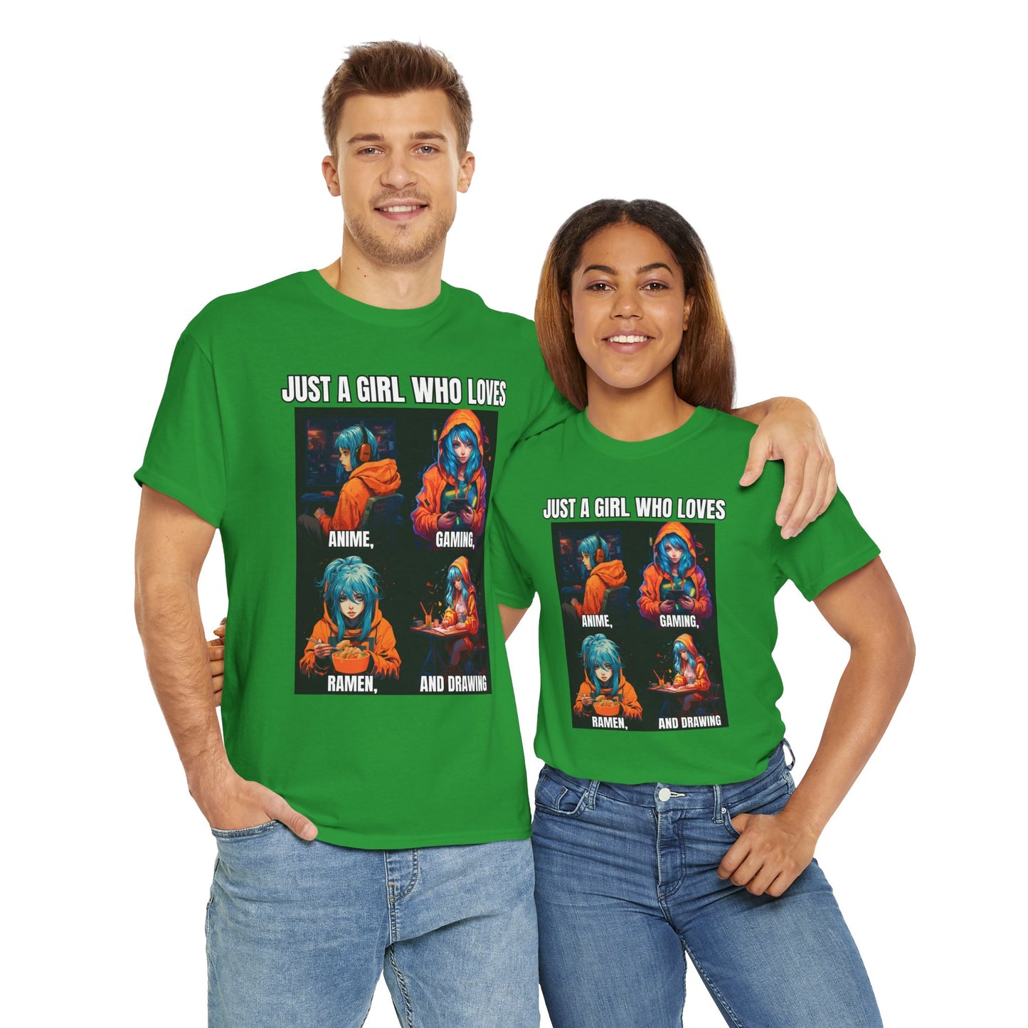 'Just a Girl Who Loves Anime, Gaming, Ramen, and Drawing' Unisex Heavy Cotton Tee - Waifu, Video Game, Gamer, Gamer Girl, Sketching, Weeb, Otaku, Geek, Nerd