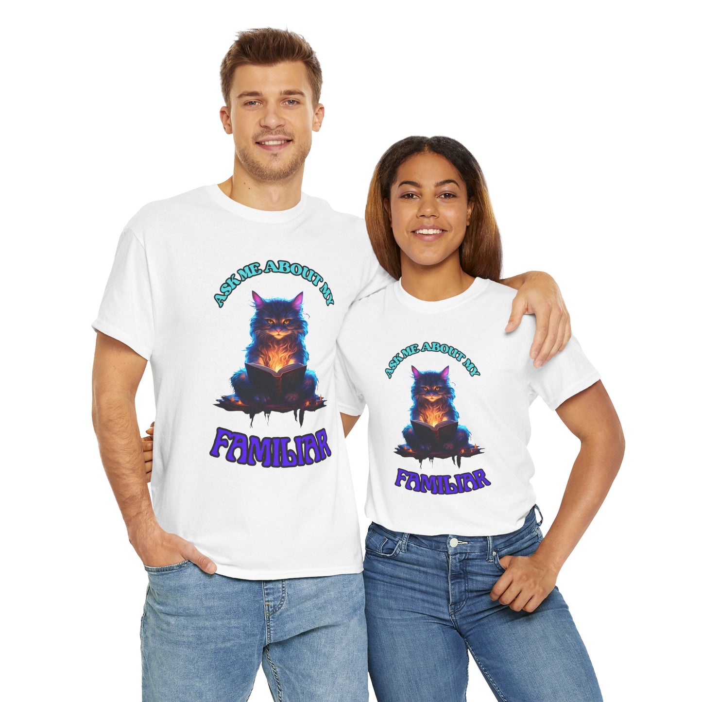 'Ask Me About My Familiar' Mystical Cat Enamel Tee, Cute Animal T-Shirt, Gift for Cat Lovers, Fun Graphic Tee, Witch, DND, RPG, TTRPG, Geek, Nerd