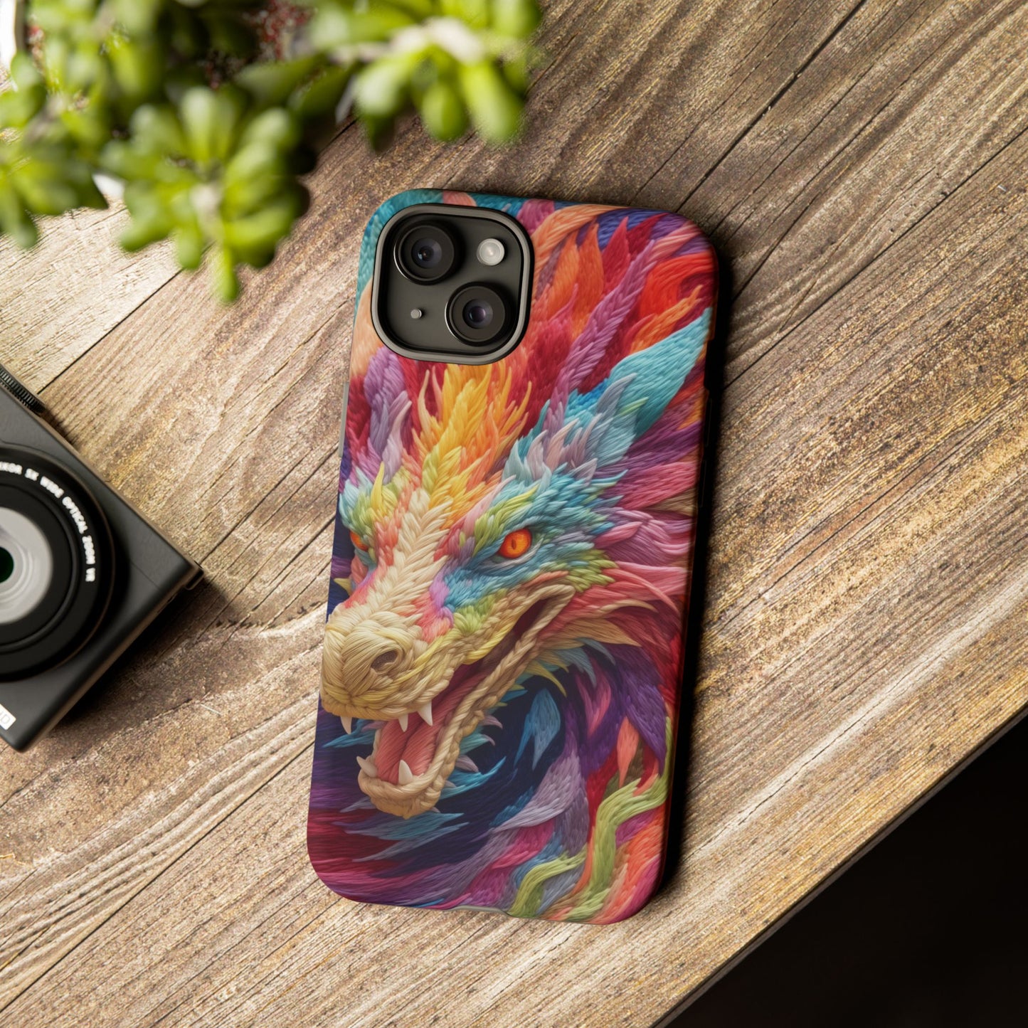 Vibrant 3D Embroidery Embroidered Rainbow Dragon Phone Case - Tough Protection for Fantasy Lovers, DND, RPG, TTRPG, Geek, Nerd