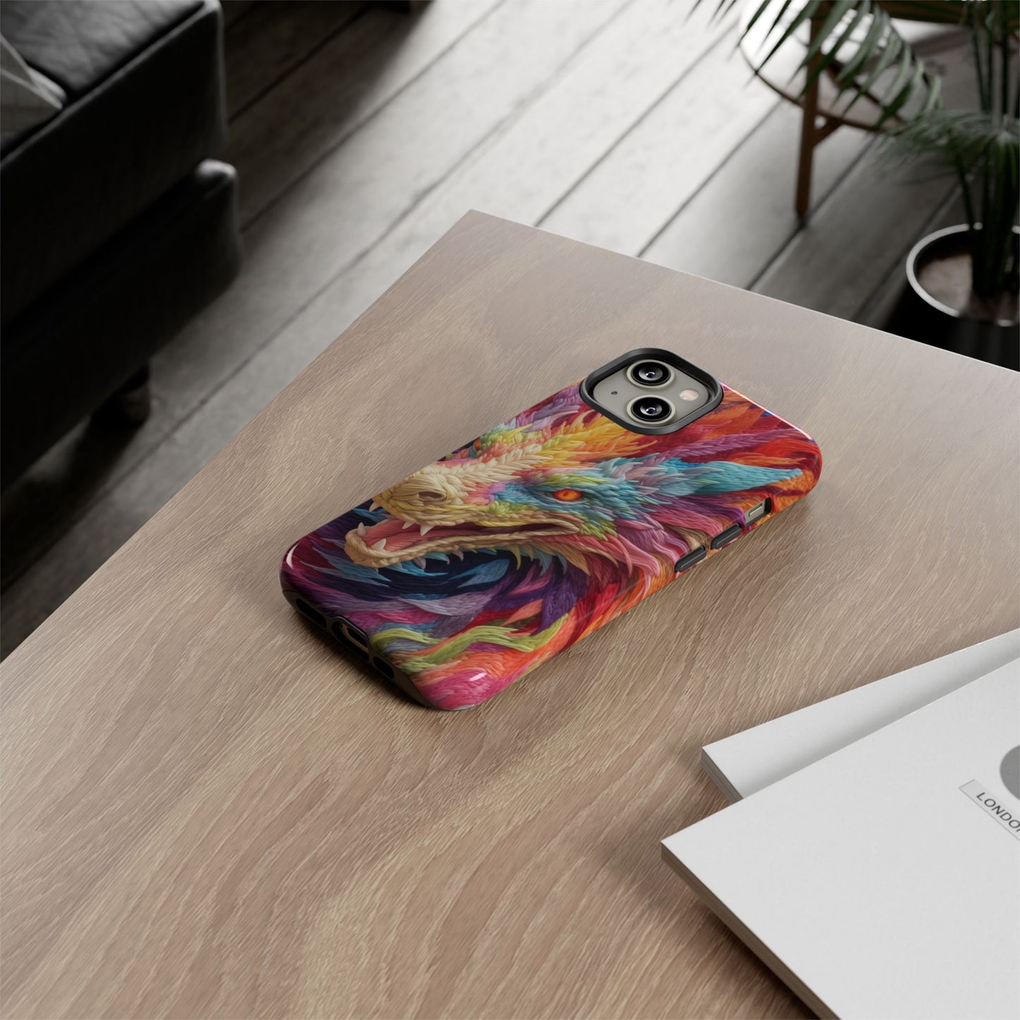 Vibrant 3D Embroidery Embroidered Rainbow Dragon Phone Case - Tough Protection for Fantasy Lovers, DND, RPG, TTRPG, Geek, Nerd