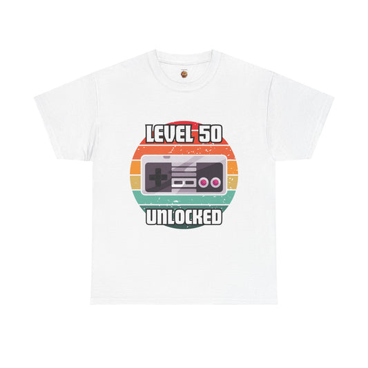 Gaming Level 50 Unlocked Tee - Unisex Heavy Cotton T-Shirt, Video Game, Gamer, Happy Birthday Shirt, Geek, Nerd, Retro