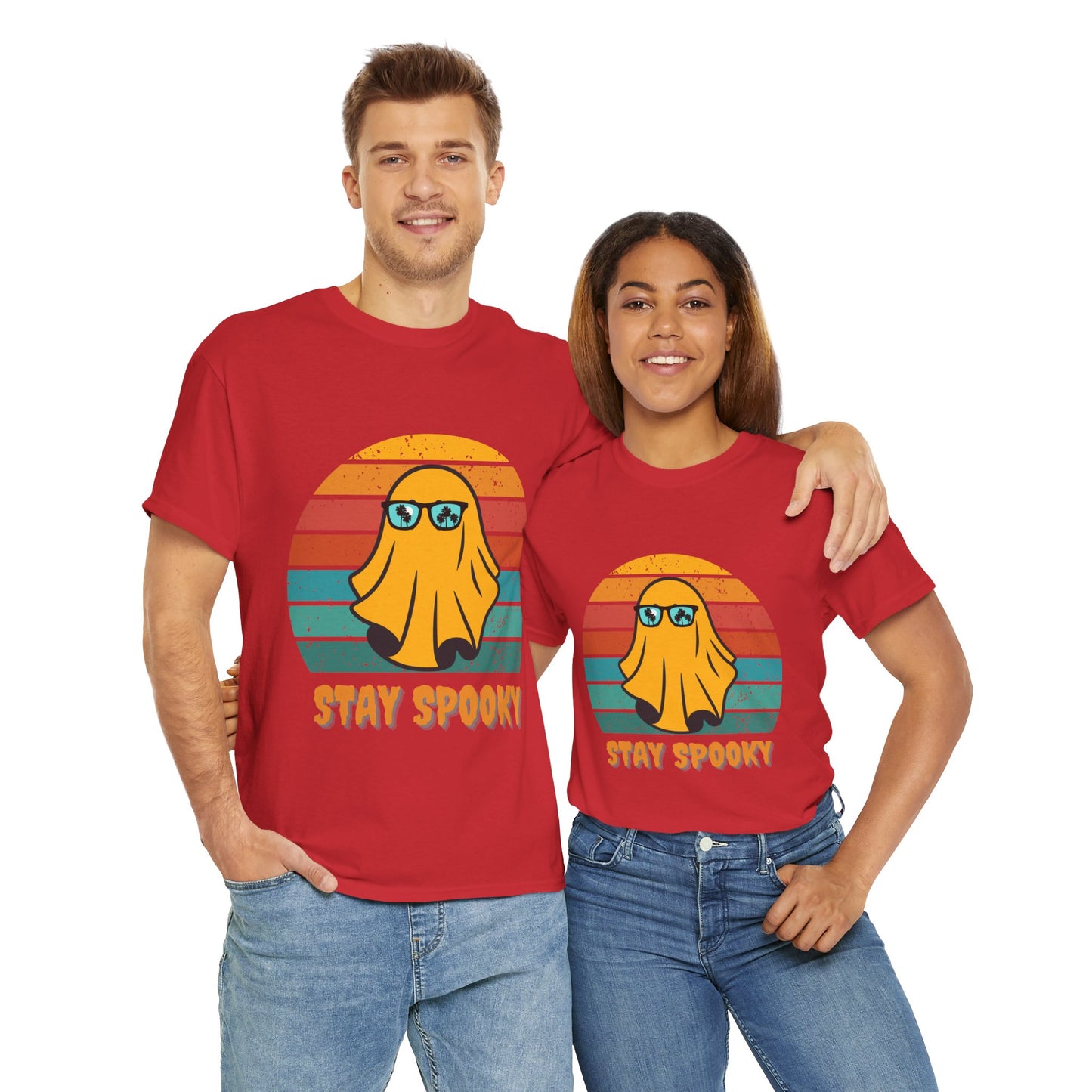 Stay Spooky Retro Holiday Unisex Heavy Cotton Tee - Vintage Ghost Halloween Shirt, Sunglasses, California, Tropical, Funny, Geek, Nerd