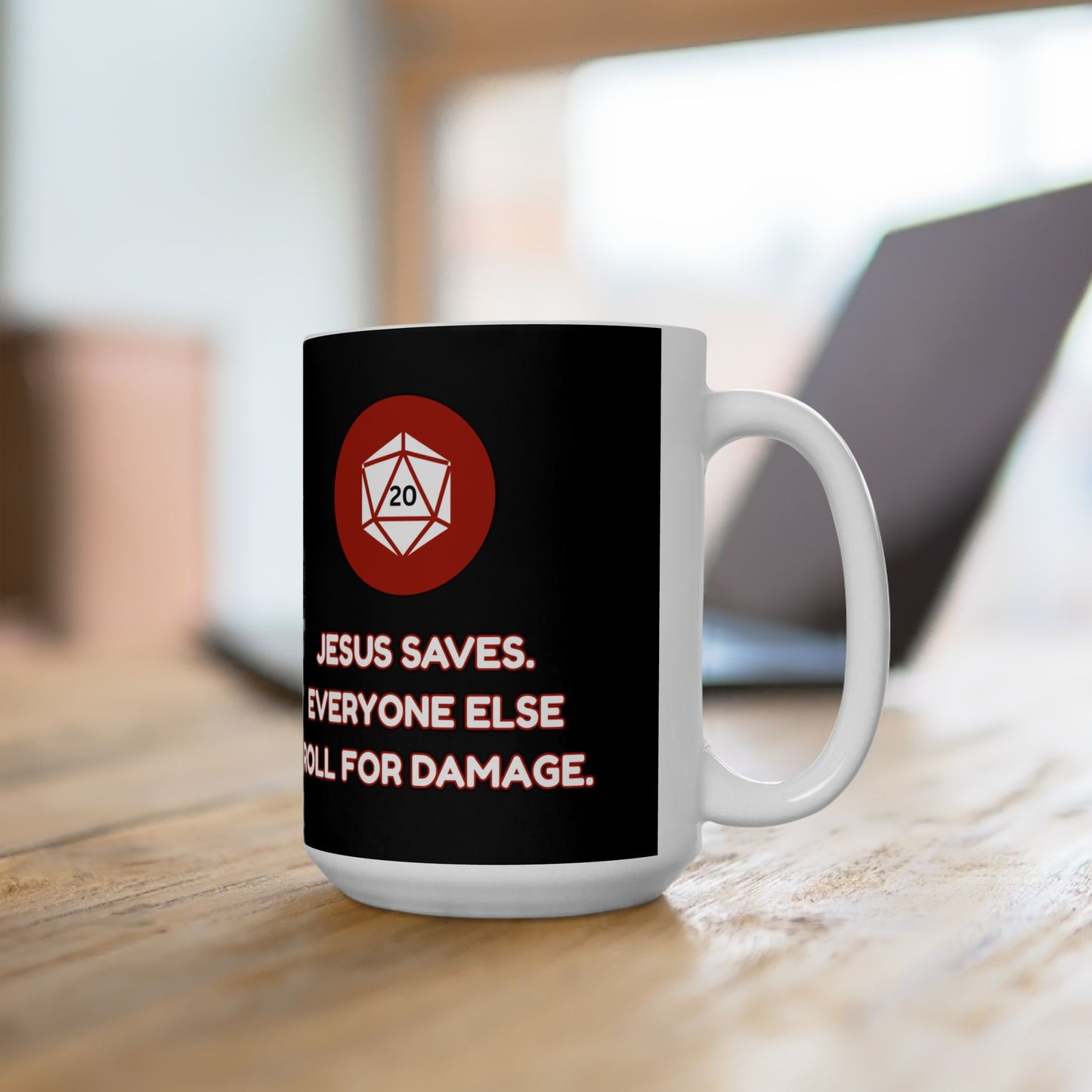 Funny Jesus Gaming Mug - Roll for Damage - Perfect Gift for Gamers, D&D, DND, RPG, TTRPG, Roleplaying, Geek, Nerd