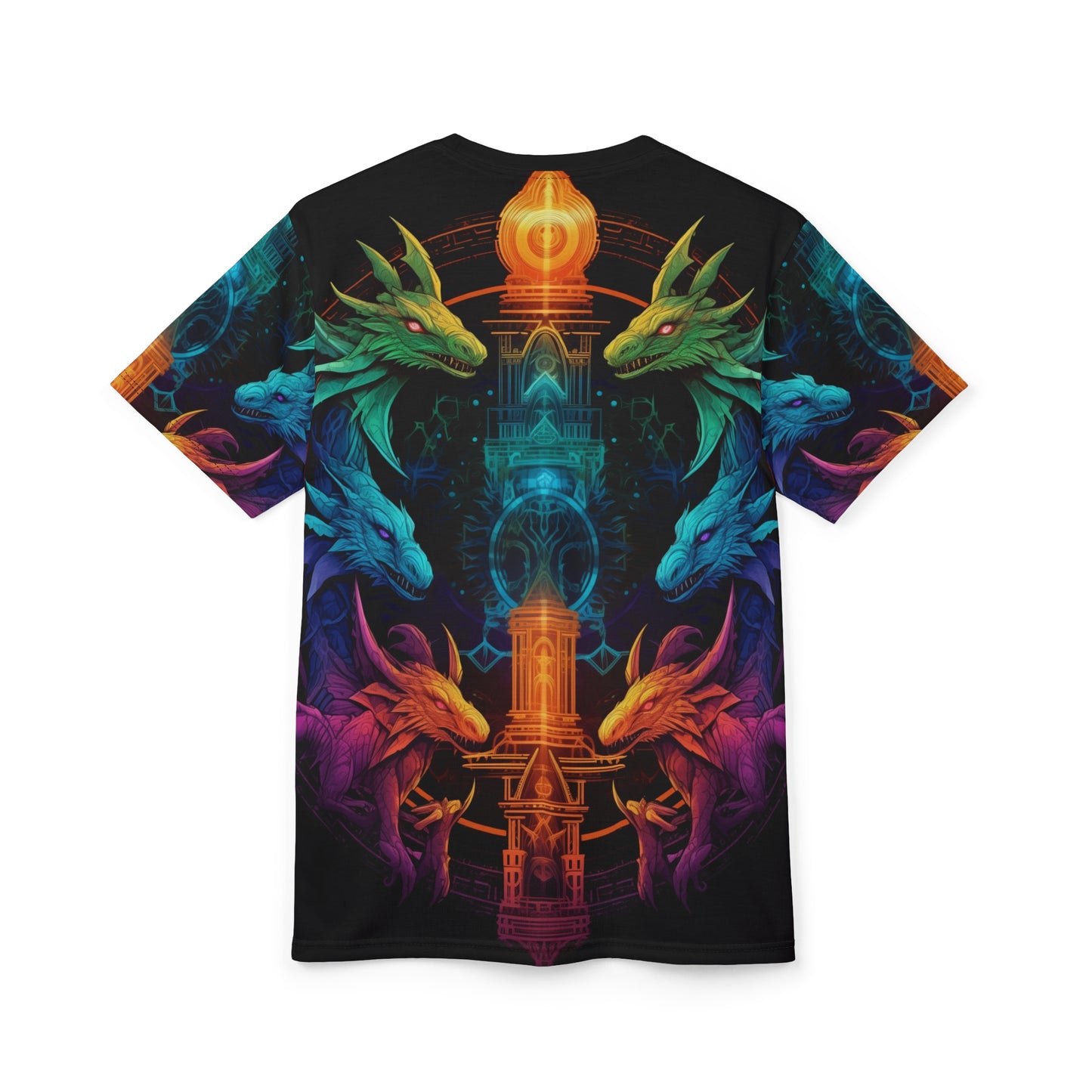 Ancient Council of Dragons AOP Unisex Tee - Colorful Fantasy Graphic Shirt, Ruined Temple, Elemental, DND, RPG, TTRPG, Geek, Nerd