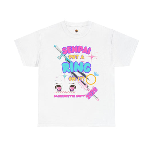 Kawaii Cute Funny Bachelorette Party Tee - "Senpai Put a Ring on It!" Unisex Heavy Cotton T-Shirt, Wedding, Engagement, Anime, Weeb, Otaku, Geek, Nerd