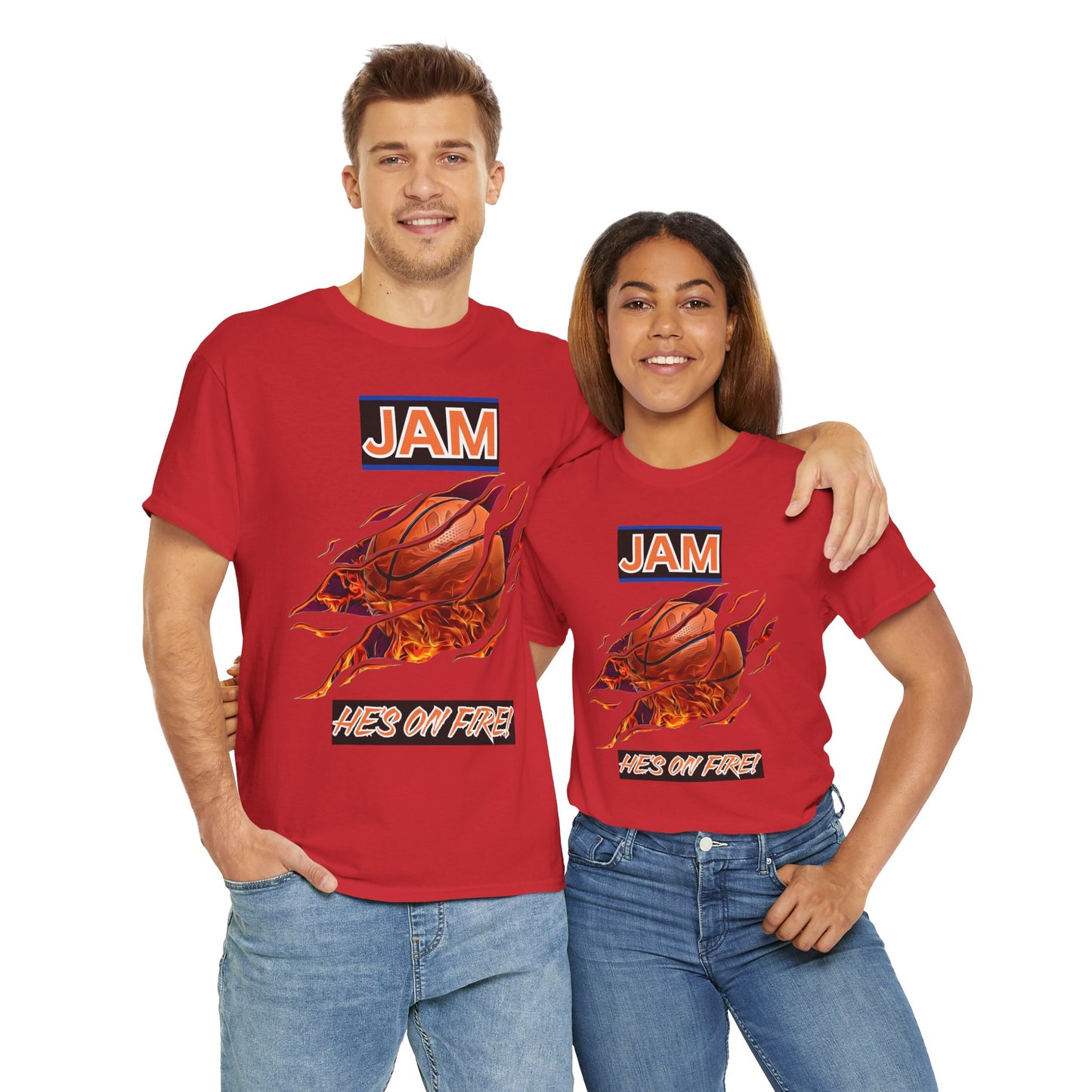 Jam 'He's On Fire' Retro Gaming Gamer Video Game Unisex Heavy Cotton Tee - Casual Wear, Sports T-Shirt, Gift for Basketball Fans, Summer Style, Hoops