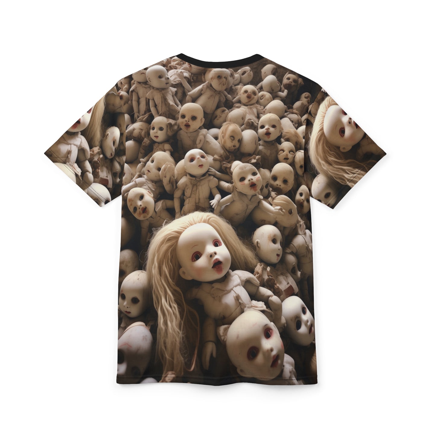 Creepy Mass of Dolls AOP Unisex Tee - For Halloween and Horror Fans, Scary, Gothic, T-Shirt