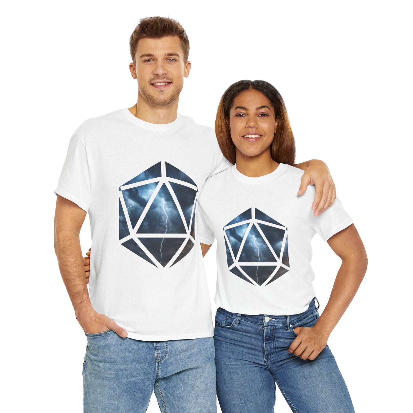 D20 Air Element Cosmic Geometric Unisex Heavy Cotton Tee | Storm Graphic Tee, Lightning Art Shirt, Unique Casual Wear, Gift for Tornado Lovers, DND, RPG, TTRPG, Geek, Nerd