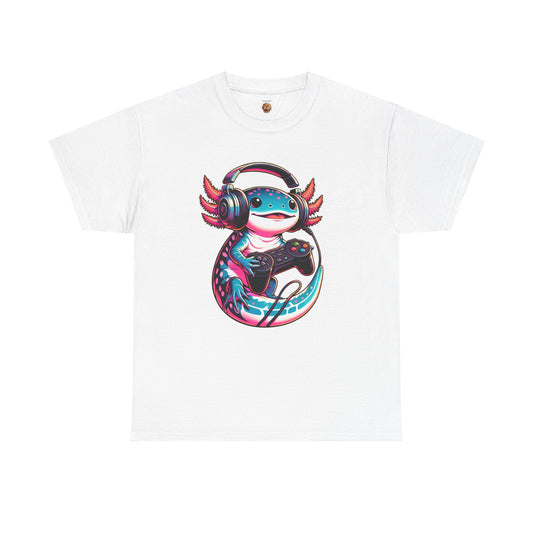 Cute Kawaii Gaming Axolotl Unisex Heavy Cotton Tee - Perfect for Gamers, Mexican Walking Fish, Smile, Video Game, Geek, Nerd, Salamander, Anime