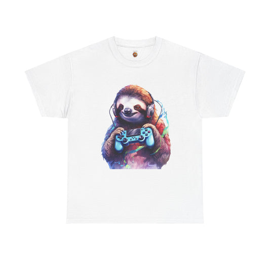 Cute Kawaii Gaming Sloth Unisex Heavy Cotton Tee - Animal Shirt, Gamer Apparel, Video Game, Anime, Weeb, Otaku, Geek, Nerd