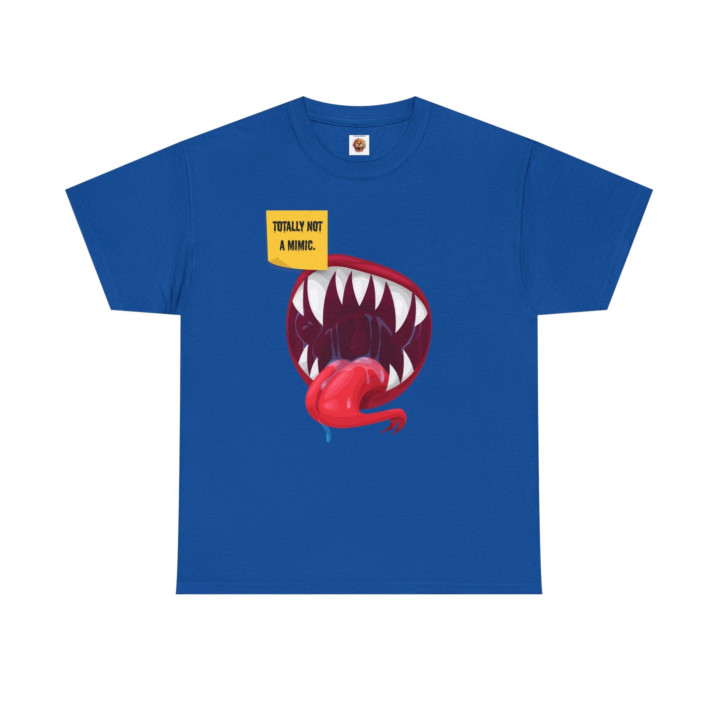 Funny Unisex Heavy Cotton Tee Shirt - "Totally Not a Mimic" Monster Mouth Design, D&D, DND, RPG, TTRPG, Roleplaying, Geek, Nerd, Teeth, Tongue