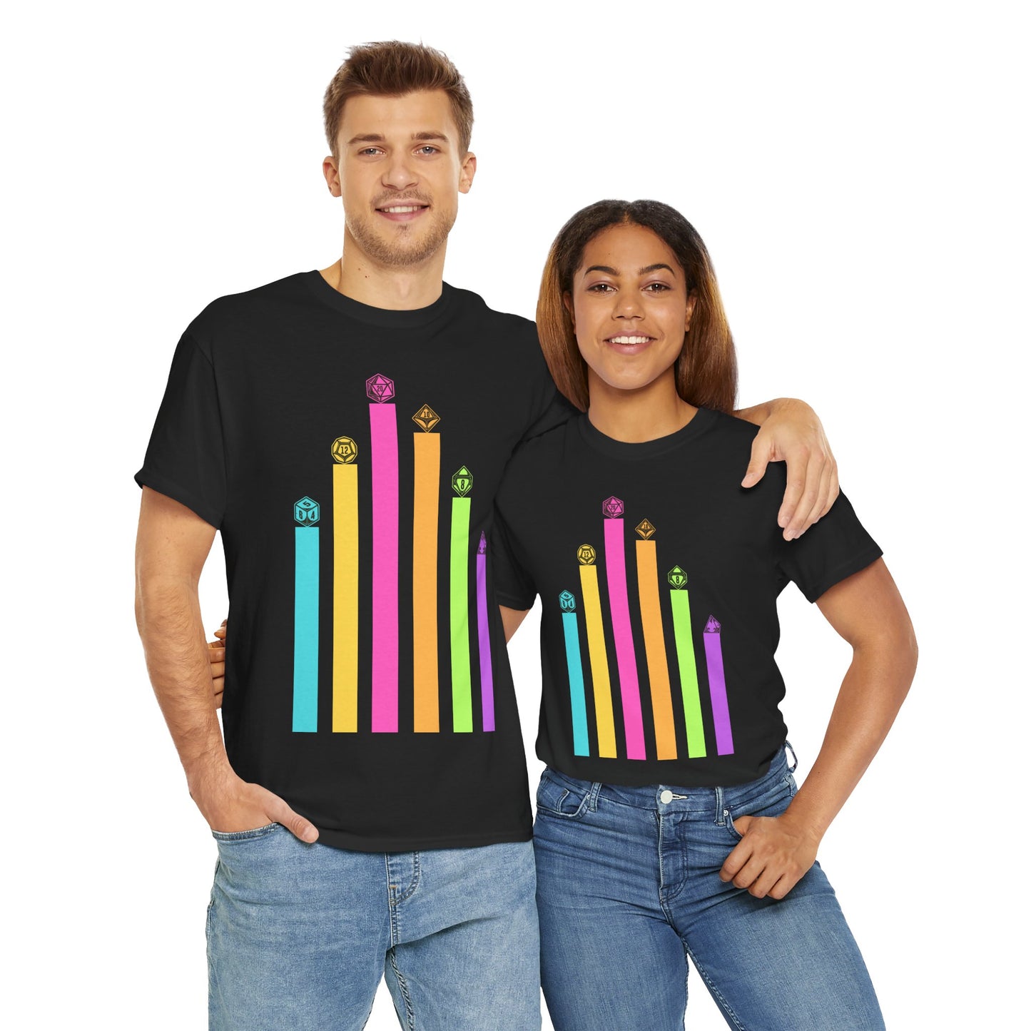 Vintage Minimalist Geeky Polyhedral Falling Retro Rainbow Dungeons and Dragons DND Unisex Heavy Cotton Tee Shirt - RPG, TTRPG, Roleplaying, Geek, Nerd