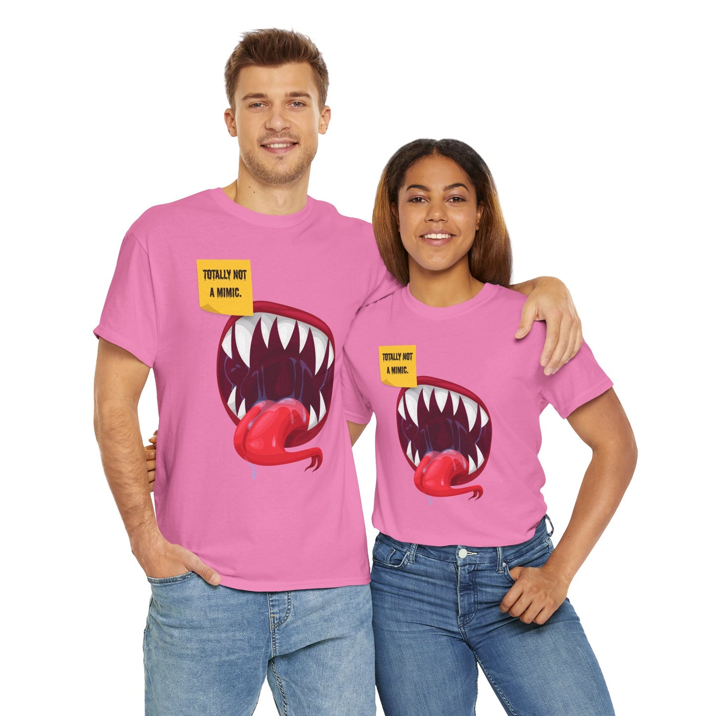 Funny Unisex Heavy Cotton Tee Shirt - "Totally Not a Mimic" Monster Mouth Design, D&D, DND, RPG, TTRPG, Roleplaying, Geek, Nerd, Teeth, Tongue