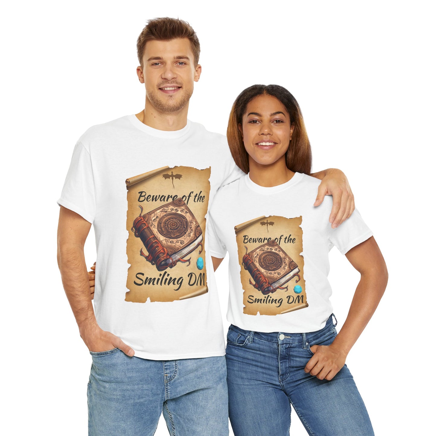 Unisex Heavy Cotton Tee - "Beware of the Smiling DM" RPG Humor Shirt, Ideal for Gamers, Casual Wear, Gifts for D&D Fans, Fun T-Shirt, D20, DND, TTRPG, Geek, Nerd