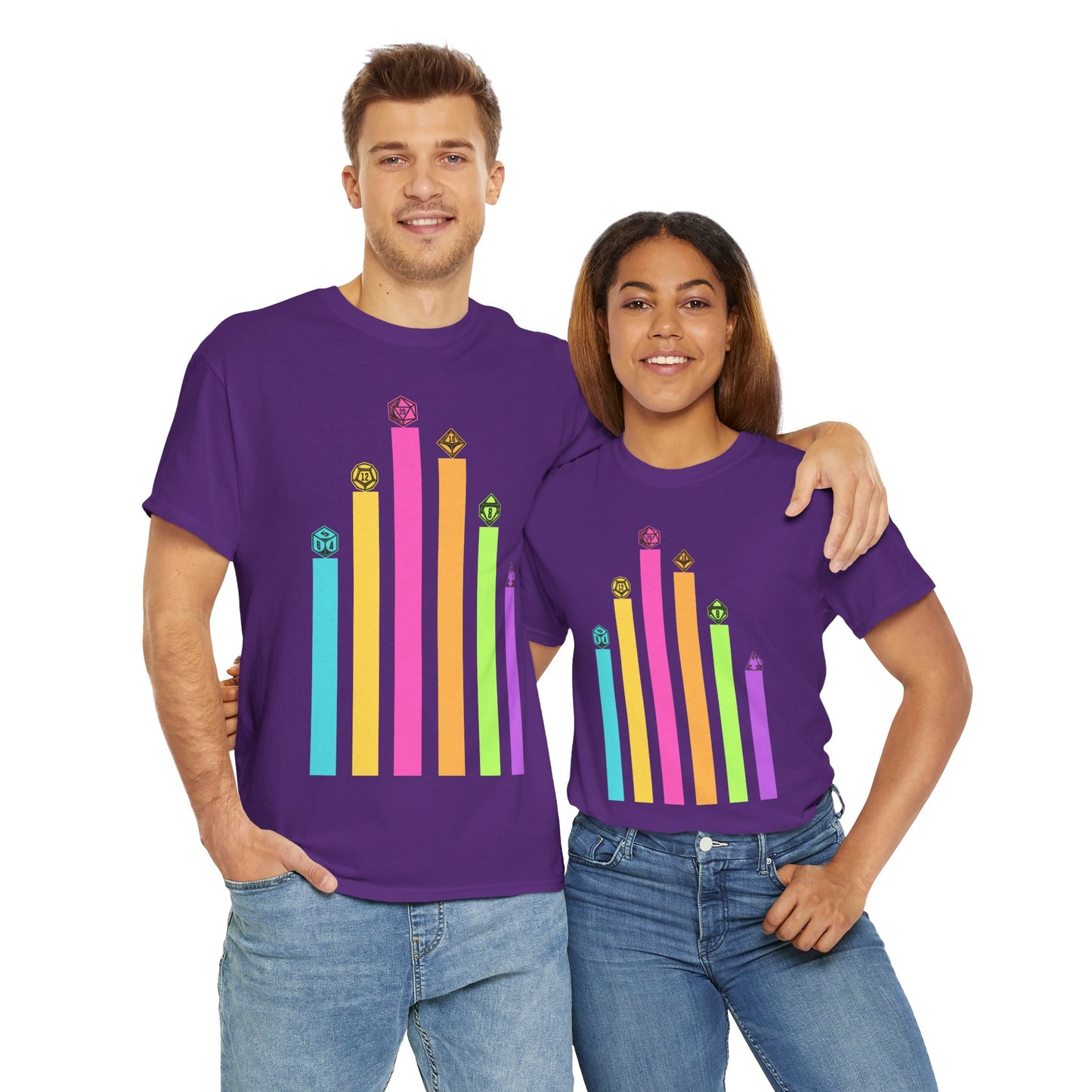 Vintage Minimalist Geeky Polyhedral Falling Retro Rainbow Dungeons and Dragons DND Unisex Heavy Cotton Tee Shirt - RPG, TTRPG, Roleplaying, Geek, Nerd