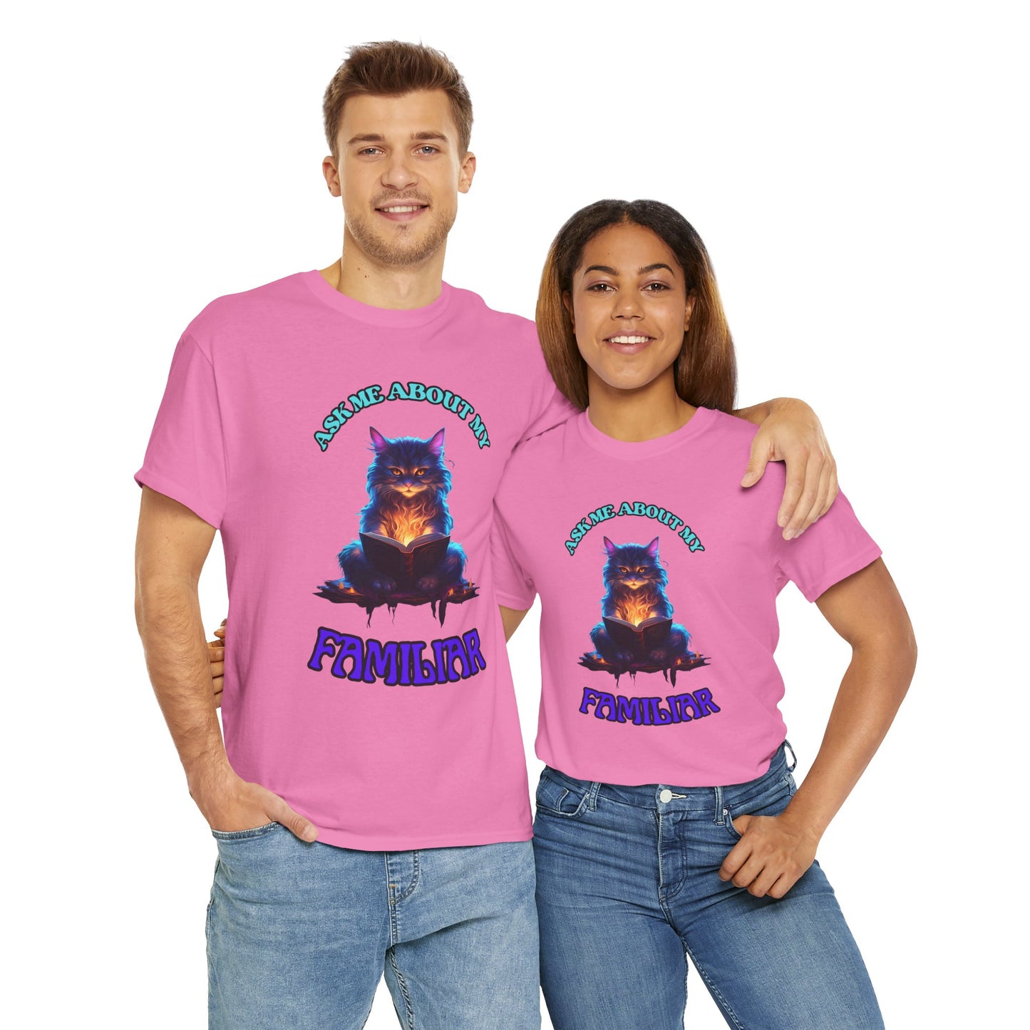 'Ask Me About My Familiar' Mystical Cat Enamel Tee, Cute Animal T-Shirt, Gift for Cat Lovers, Fun Graphic Tee, Witch, DND, RPG, TTRPG, Geek, Nerd