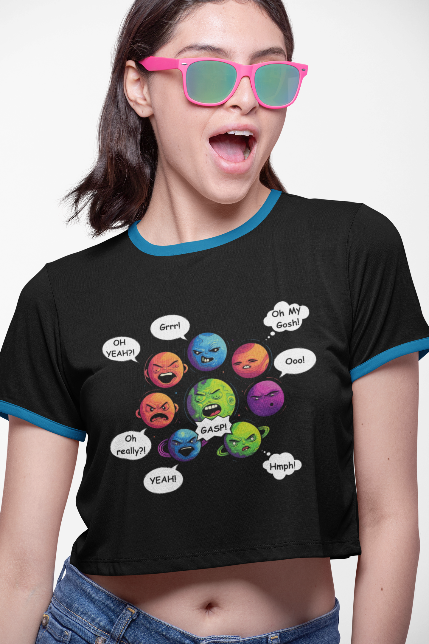 Funny Arguing Planets Unisex Heavy Cotton Tee Shirt - Fun Emoji Solar System Expressions Graphic T-Shirt, Geek, Nerd, Space