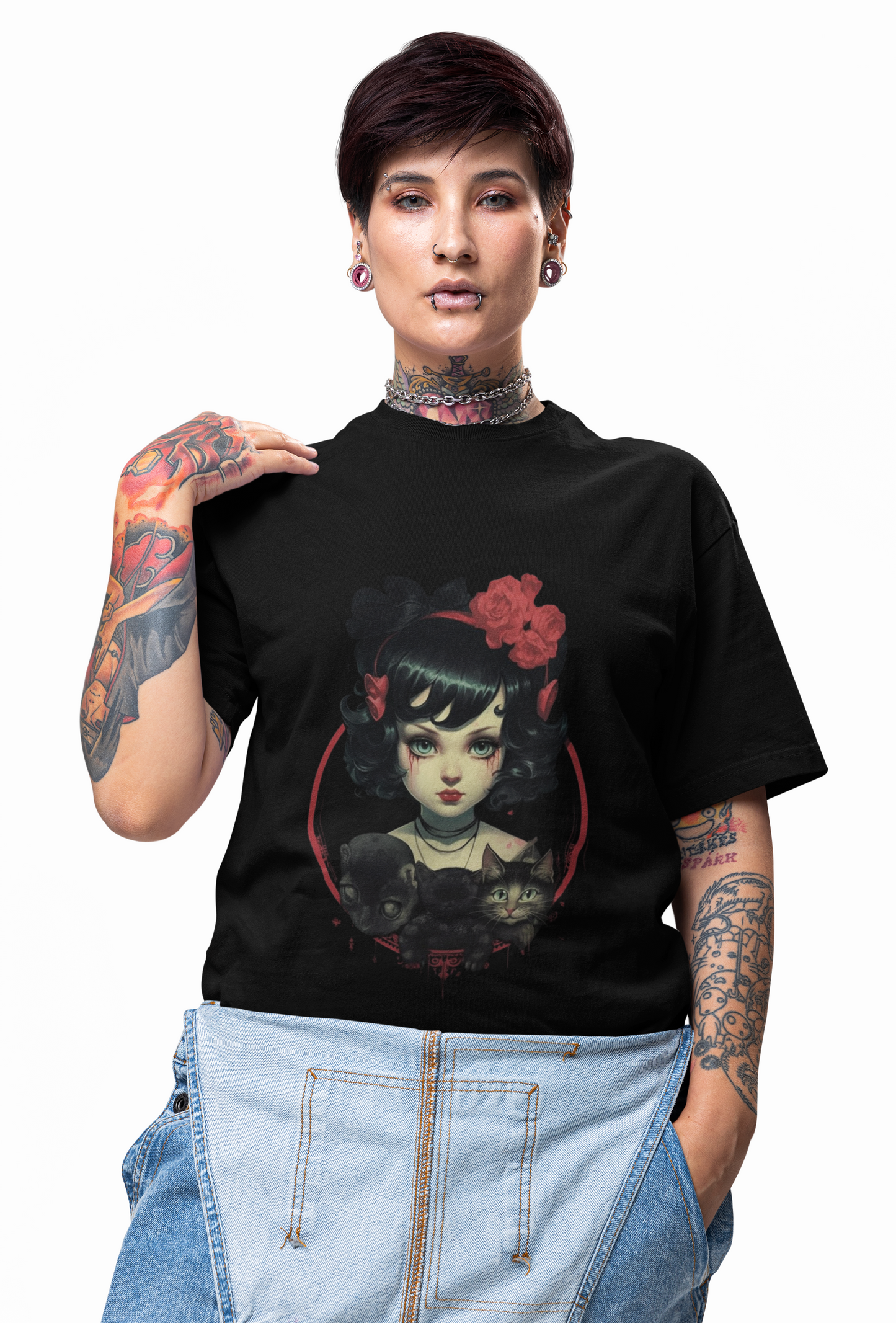 Coquette Gothic Girl With Cat Pets Unisex Heavy Cotton Tee Shirt T-Shirt - Artistic Floral Design, Horror, Scary, Disturbing, Halloween, Geek, Nerd