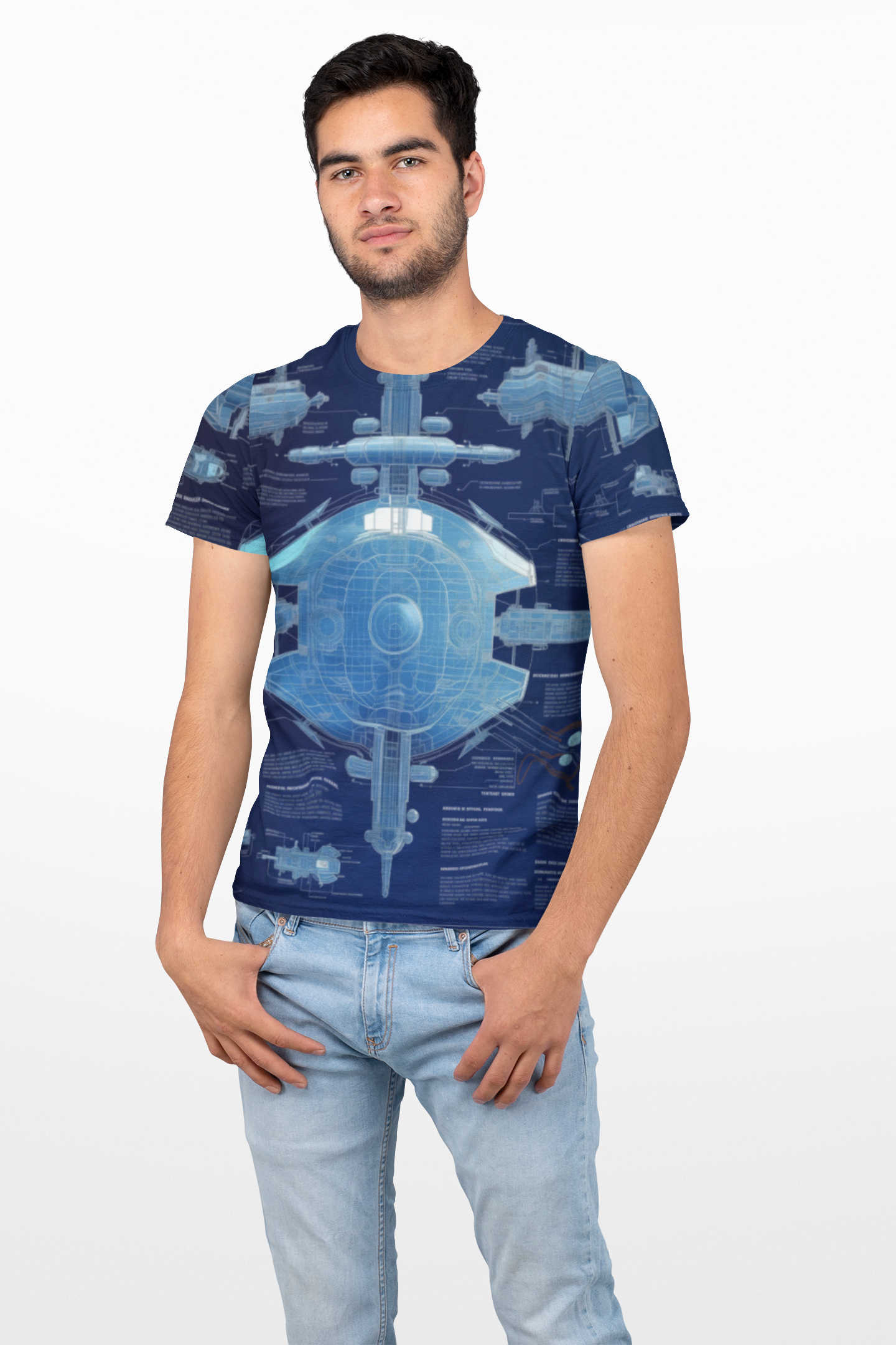 Astro Nautical Blueprint The Ship That Never Was AOP Unisex Tee - Exploration Inspired Design, Space, Sci-Fi, Spaceship, Tech, Alien, Geek, Nerd