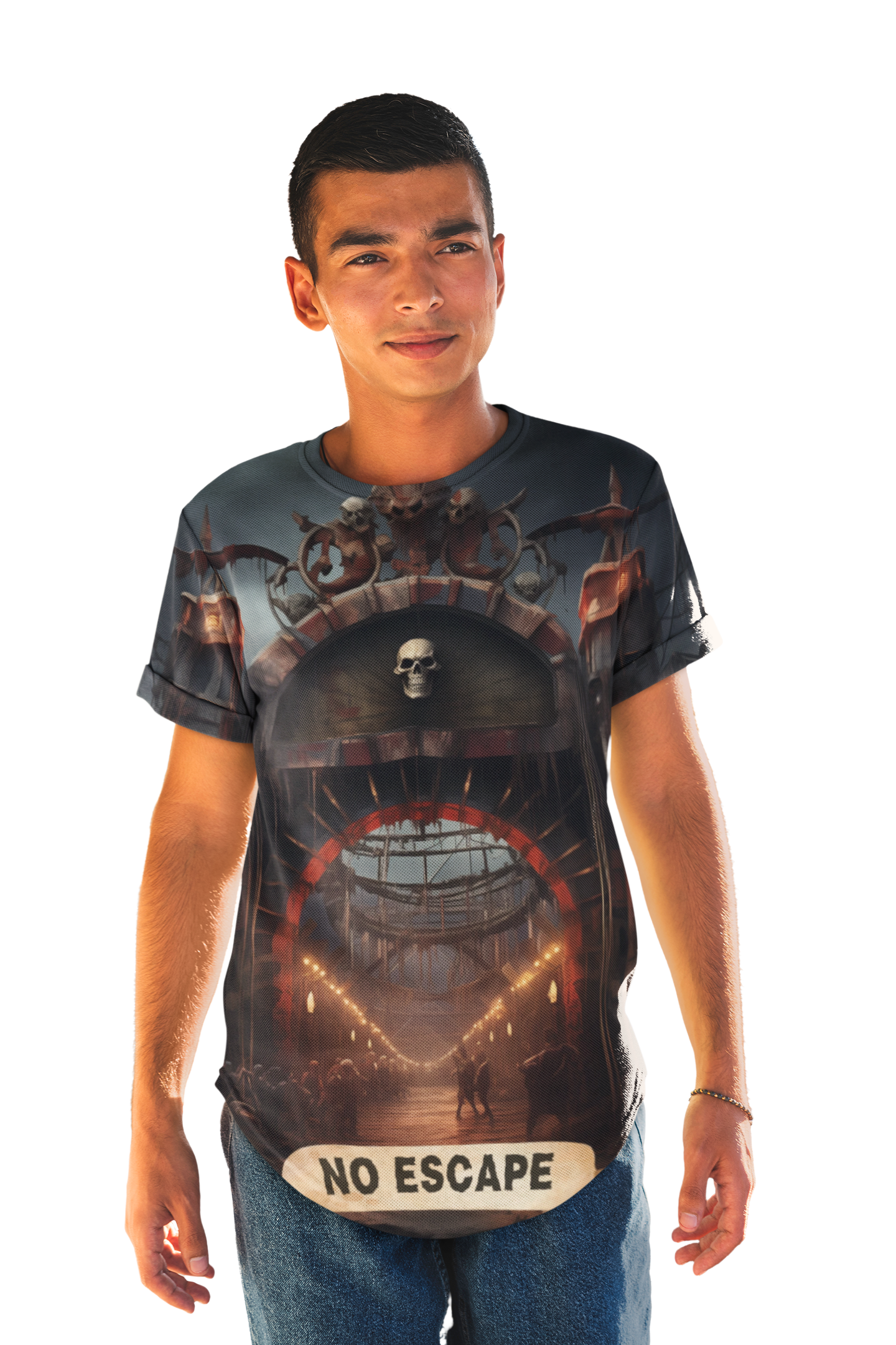 Rotting Carnival No Escape Laugh Forever Unisex AOP Graphic Tee - Dark Fantasy Design, Horror, Scary, Creepy, Clowns, Nightmare