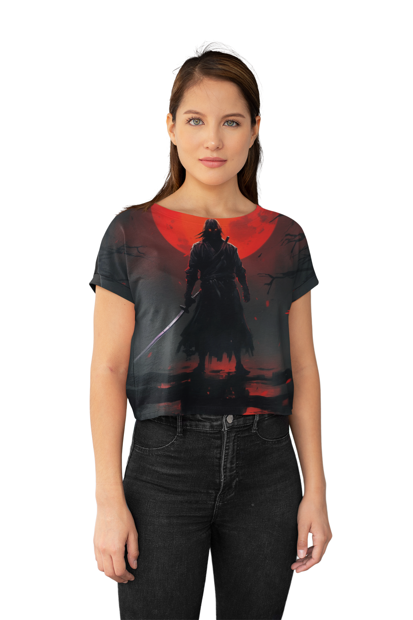 Unisex AOP Graphic Tee - The Cursed Samurai Warrior & Red Moon Design, Ronin, Katana, Japan, Anime, Weeb, Otaku, Manga, Geek, Nerd