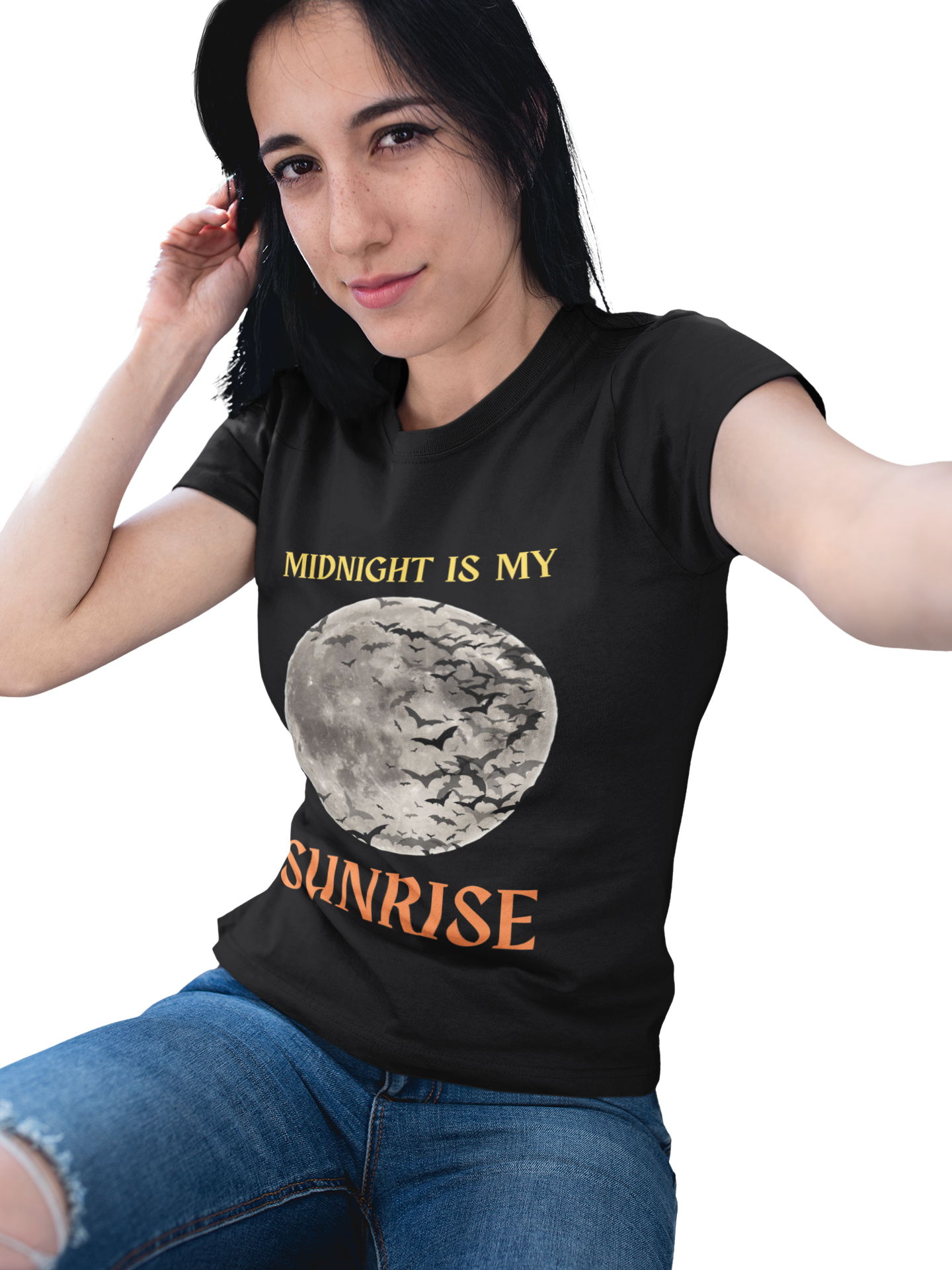 'Midnight is My Sunrise' Unisex Heavy Cotton Tee Shirt - Graphic Tee for Night Owls, Scary, Creepy, Halloween, Gothic, Full Moon, Bats