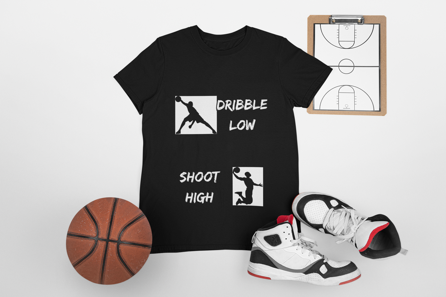 'Dribble Low, Shoot High' Motivational Basketball Tee - Unisex Heavy Cotton, Sportswear, Gift for Athletes, Casual Style, Basketball Fan Apparel, Player, Silhouette