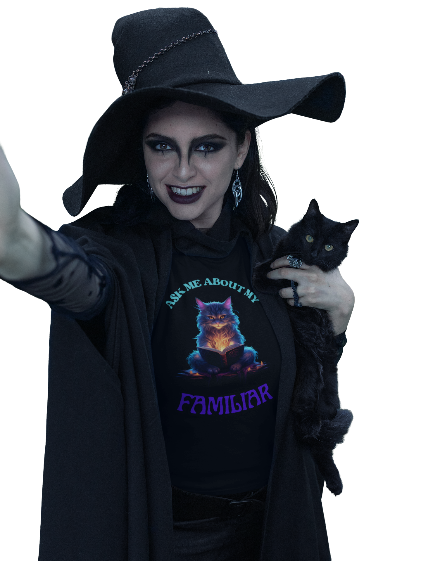 'Ask Me About My Familiar' Mystical Cat Enamel Tee, Cute Animal T-Shirt, Gift for Cat Lovers, Fun Graphic Tee, Witch, DND, RPG, TTRPG, Geek, Nerd