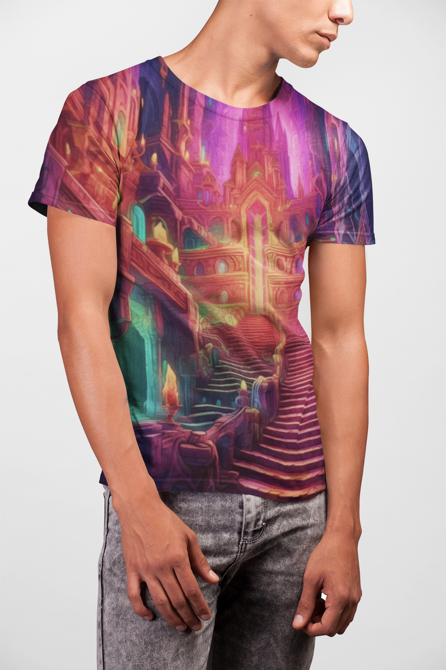 Dungeon & Dragon AOP Vibrant Fantasy Staircase Tee, Colorful Artistic T-Shirt, Unique Gift for Art Lovers, Casual Wear, Graphic Tee for Events, DND, RPG, TTRPG, Geek, Nerd