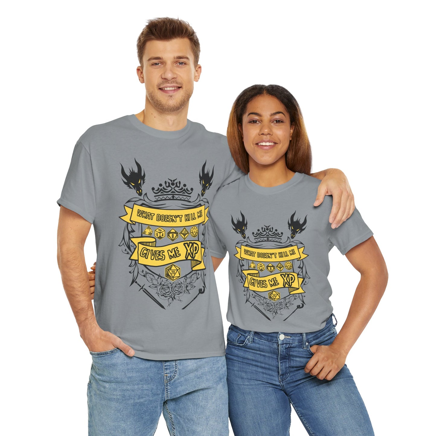 'What Doesn't Kill Me Gives Me XP' Dungeons and Dragons DND Unisex Heavy Cotton Tee Shirt T-Shirt - RPG, TTRPG, Roleplaying, Geek, Nerd