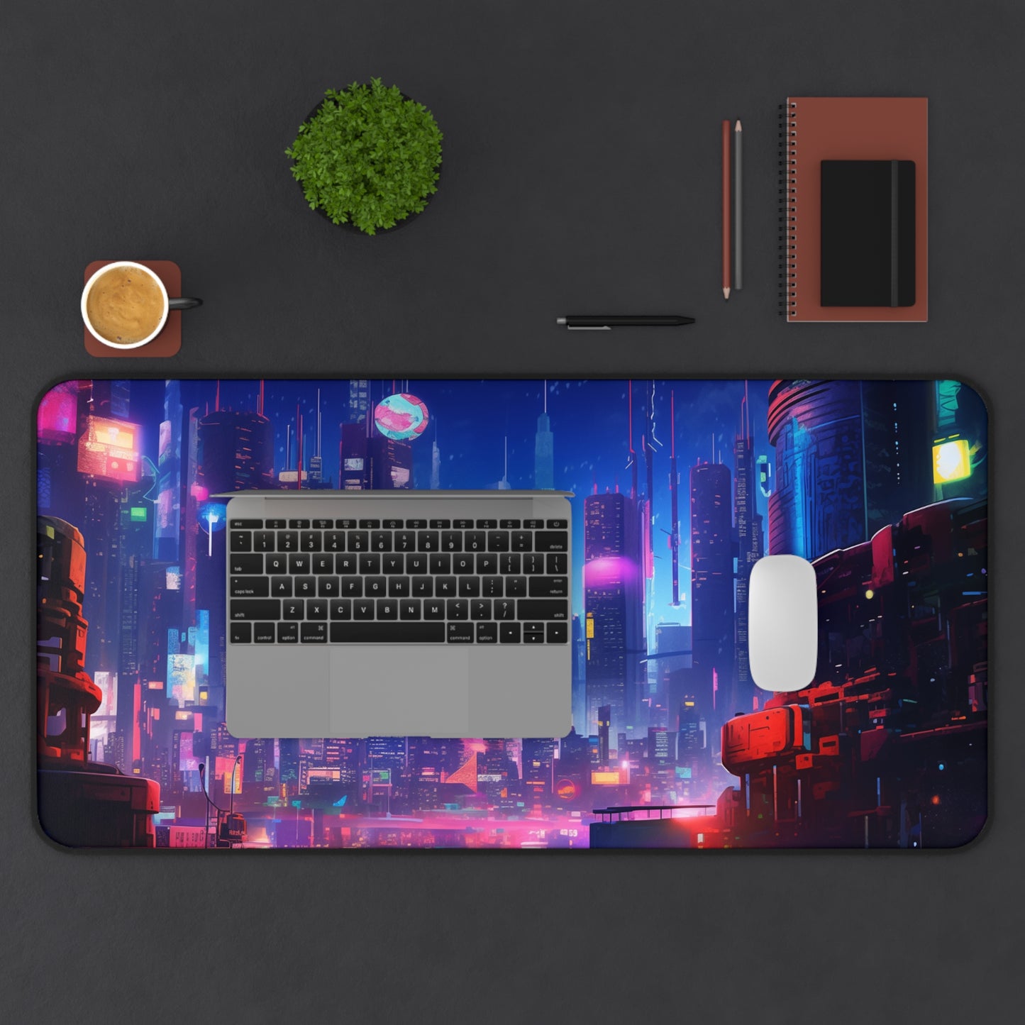 Futuristic Cityscape Cyberpunk Skyline Desk Mat - Perfect for Gamers and Professionals, Geek, Nerd, Neon Color