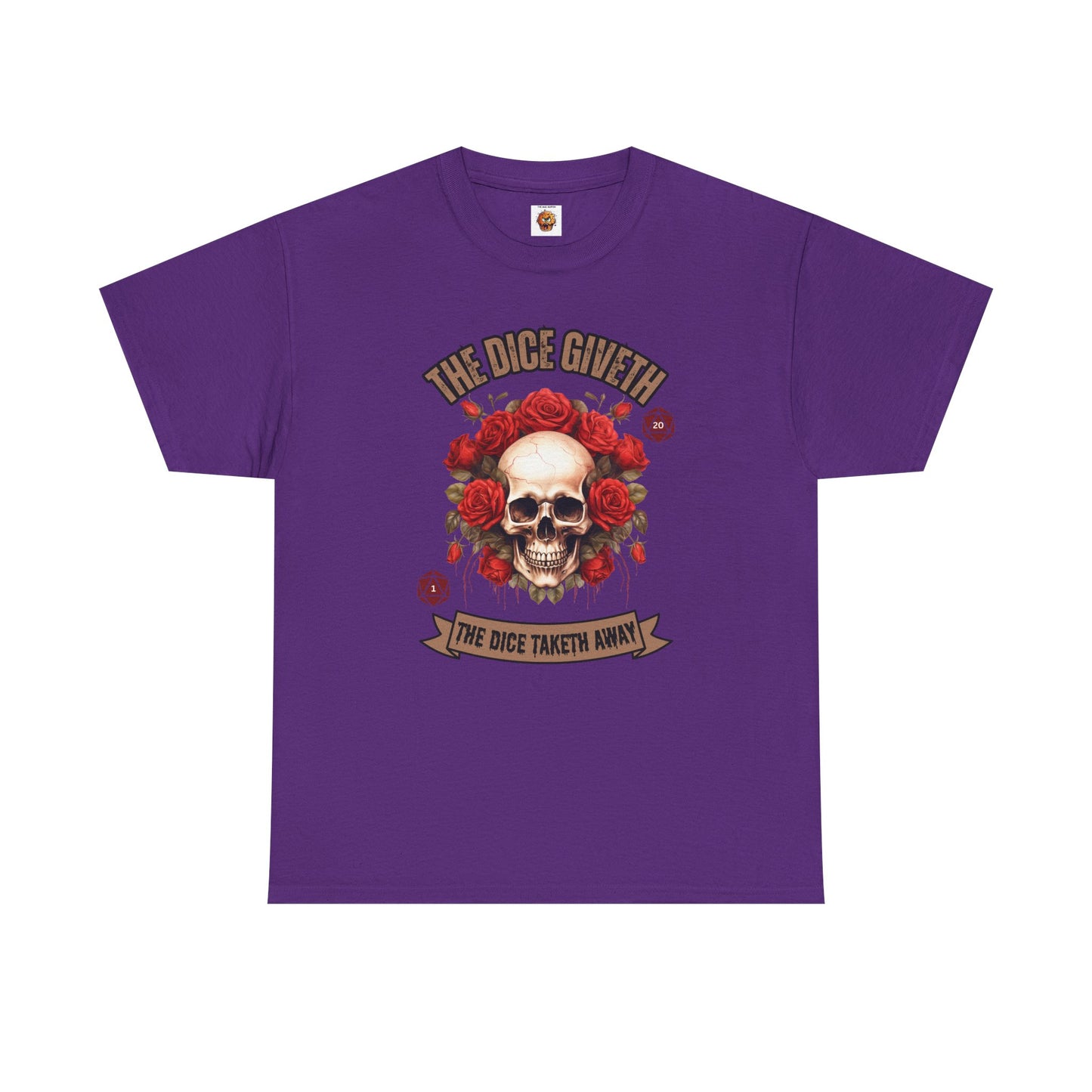 Skull & Roses 'The Dice Giveth The Dice Taketh Away' Graphic Tee, Unisex Heavy Cotton Tee, Casual Wear, Gift for Gamers, Alternative Fashion, D20, DND, RPG, TTRPG, Geek, Nerd
