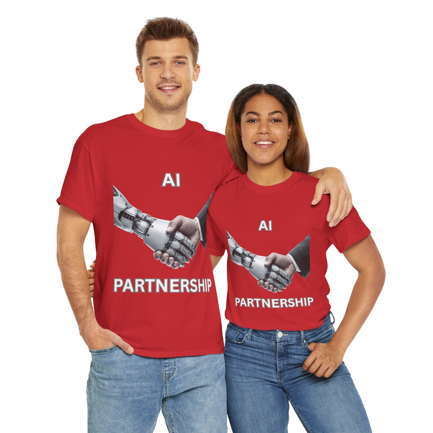 AI Partnership Unisex Heavy Cotton Tee Shirt - Robot And Human Shake Hands, Sci-Fi, Science, Tech, Geek, Nerd