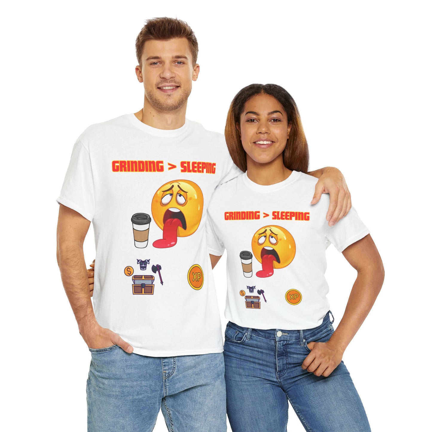 Grinding > Sleeping Unisex Heavy Cotton Tee - Funny Graphic T-Shirt for Gamers and Coffee Lovers, Gaming, Video Game, Geek, Nerd, RPG