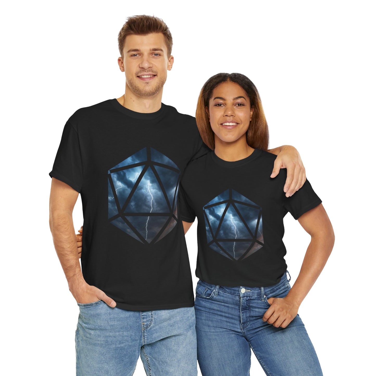 D20 Air Element Cosmic Geometric Unisex Heavy Cotton Tee | Storm Graphic Tee, Lightning Art Shirt, Unique Casual Wear, Gift for Tornado Lovers, DND, RPG, TTRPG, Geek, Nerd