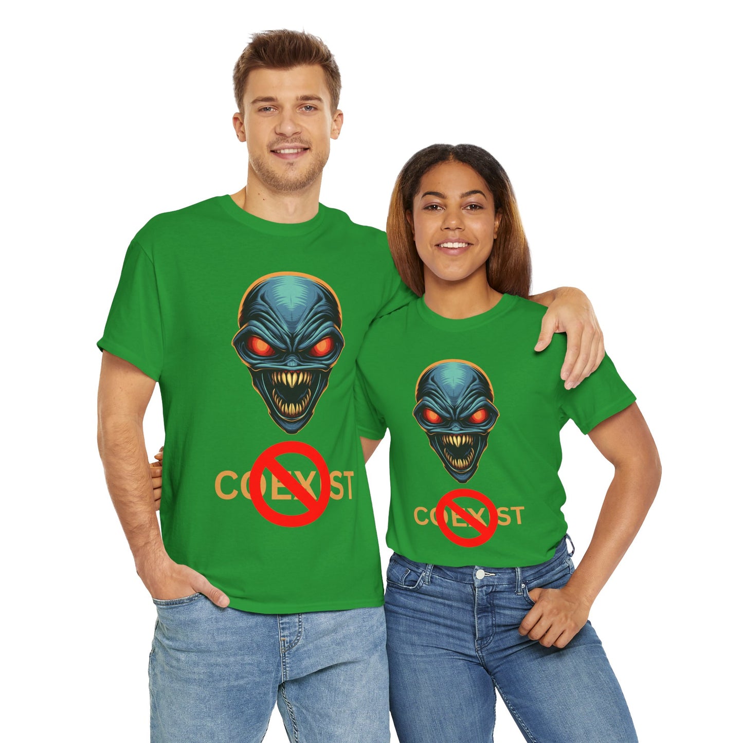 Sci-Fi Coexist No Unisex Heavy Cotton Tee - Cool Alien Head Graphic T-Shirt, Invader, Geek, Nerd