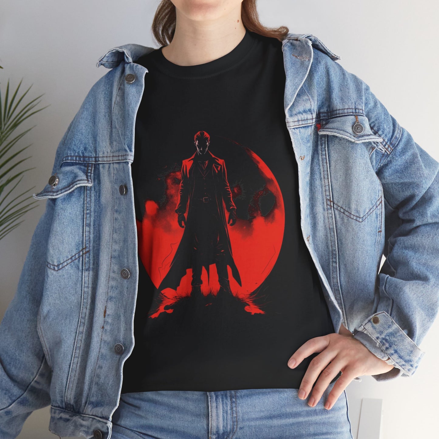 Eternal Night 001 Unisex Heavy Cotton Tee Shirt T-Shirt - Bold Red Shadow Design for Vampire Fans, Classic, Blood Red Moon, Dracula, Halloween, Scary