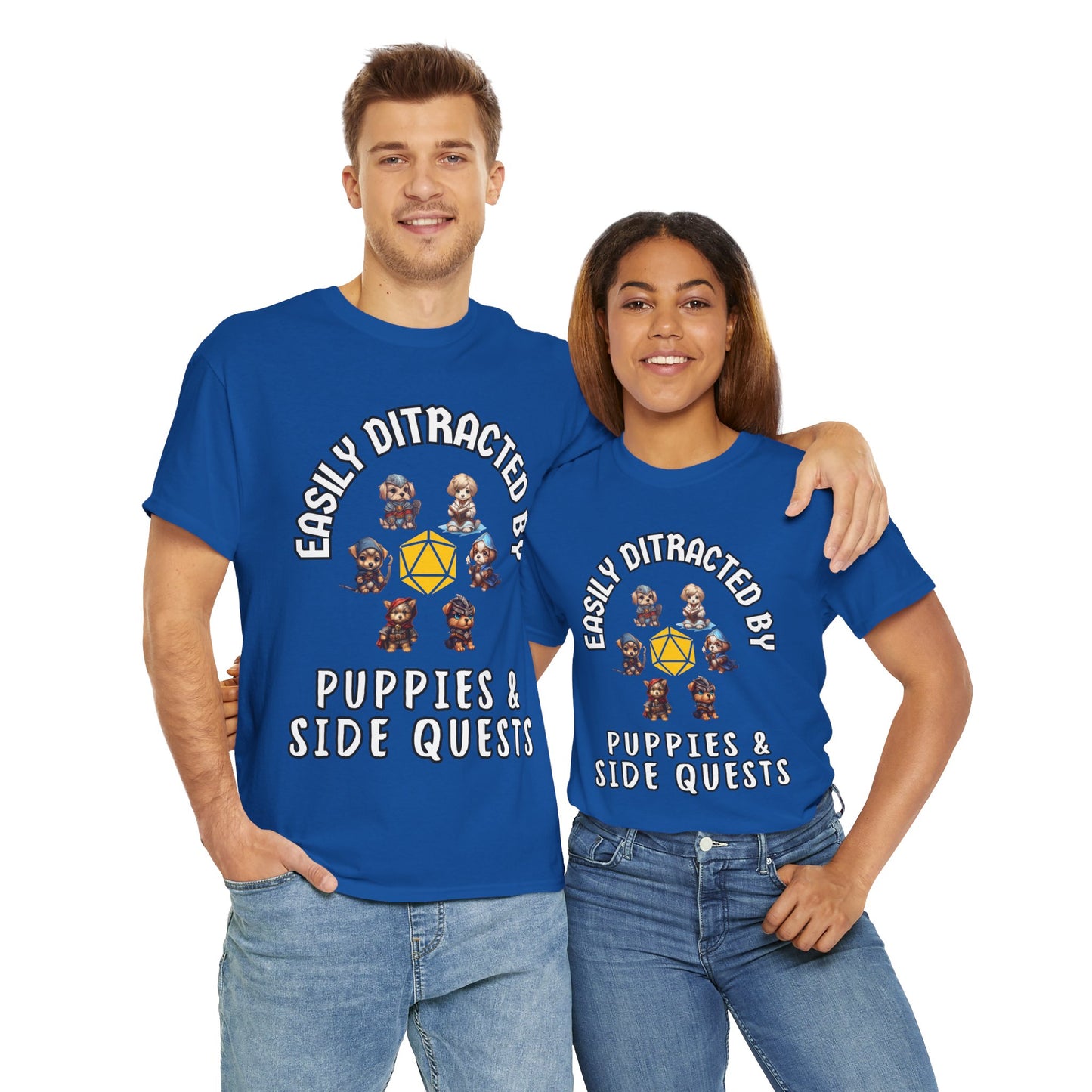 'Easily Distracted by Puppies & Side Quests' Unisex Heavy Cotton Tee Shirt - Shirt for Dog Lovers, DND, RPG, TTRPG, Roleplaying Game, Geek, Nerd