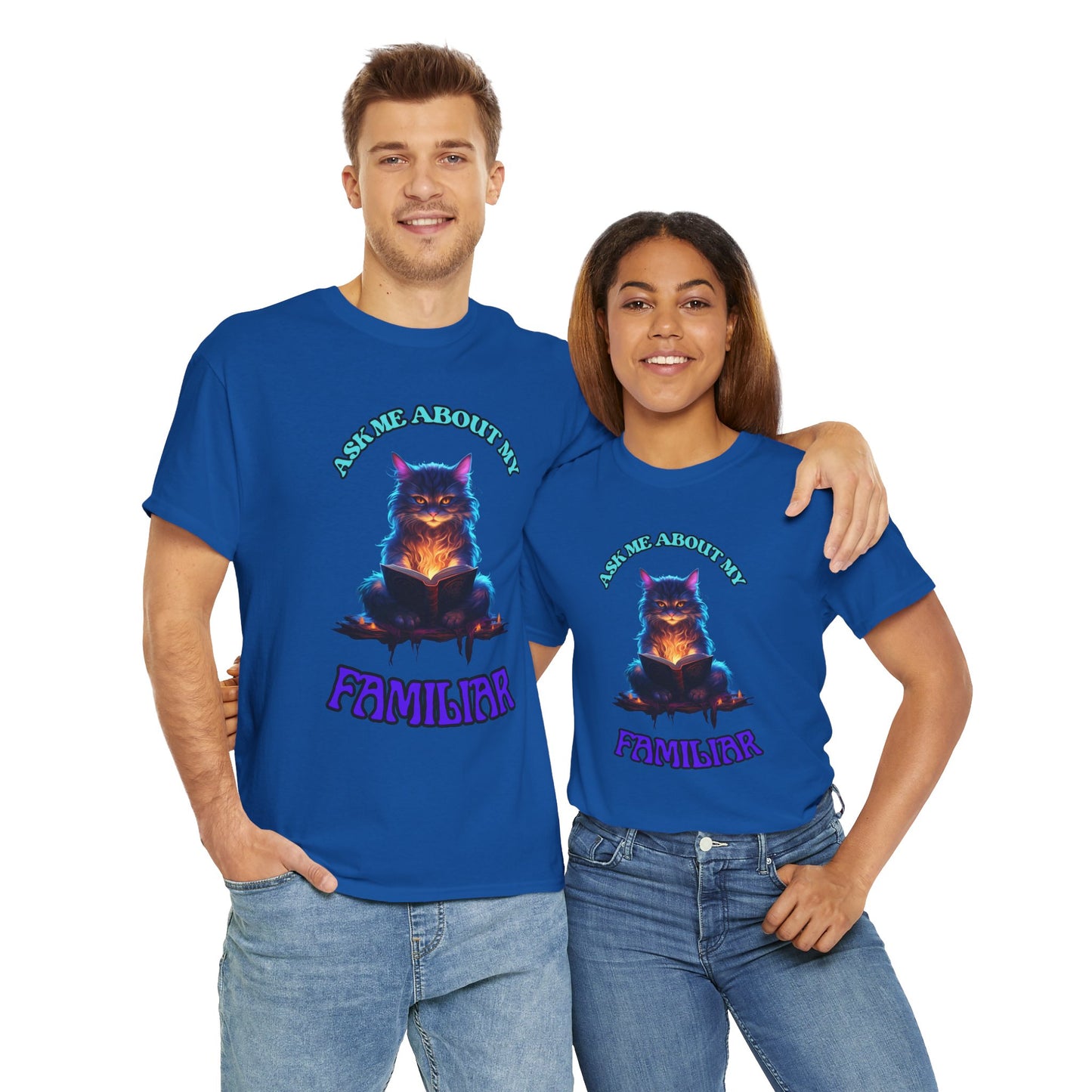 'Ask Me About My Familiar' Mystical Cat Enamel Tee, Cute Animal T-Shirt, Gift for Cat Lovers, Fun Graphic Tee, Witch, DND, RPG, TTRPG, Geek, Nerd