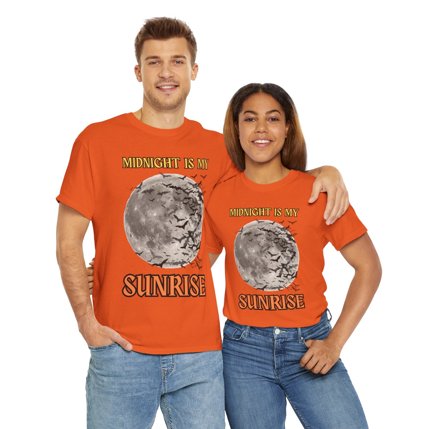 'Midnight is My Sunrise' Unisex Heavy Cotton Tee Shirt - Graphic Tee for Night Owls, Scary, Creepy, Halloween, Gothic, Full Moon, Bats